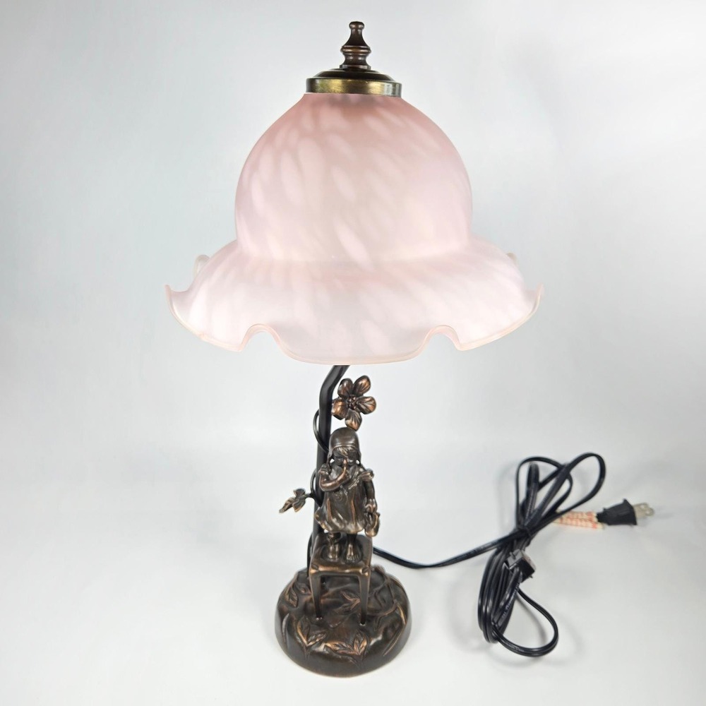 Vintage Juan Clara Signed Bronze Statue Girl on Chair Table Lamp Glass Shade